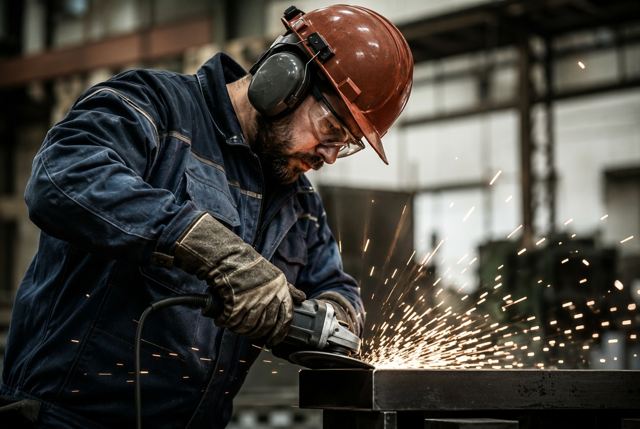 Schlosser bei der Metallbearbeitung mit Winkelschleifer