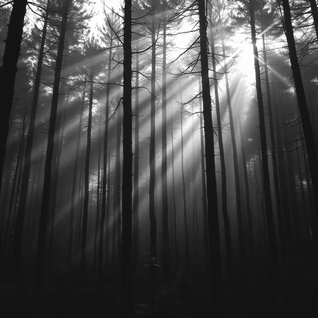 Wald mit Lichtstrahlen, Symbol für Verantwortung und Zukunft